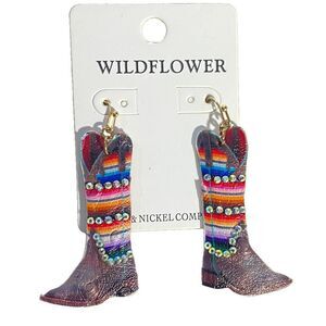 NWT Wildflower Western Cowgirl Boot Earrings Serape Stripe Rhinestone Jewelry